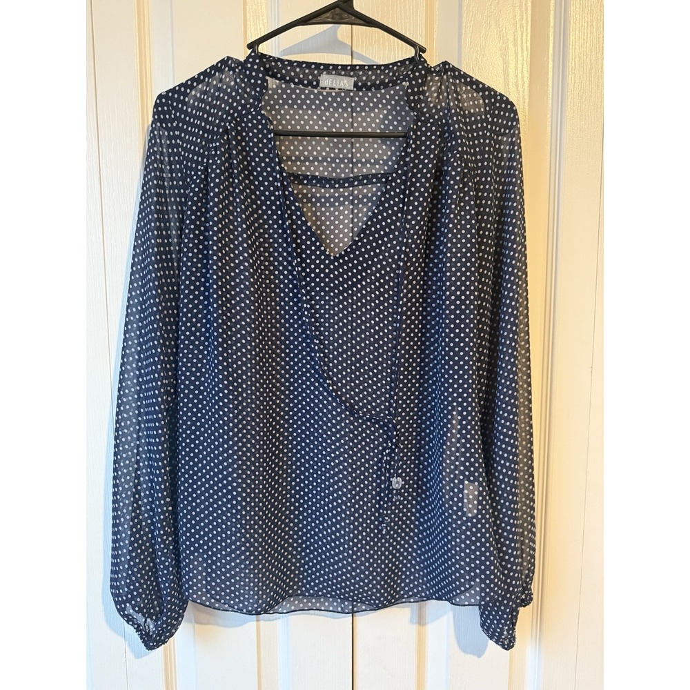 Vintage dELiA*s Navy Sheer‎ Polka Dot Blouse Medium V-Neck Long Sleeve Y2K Style